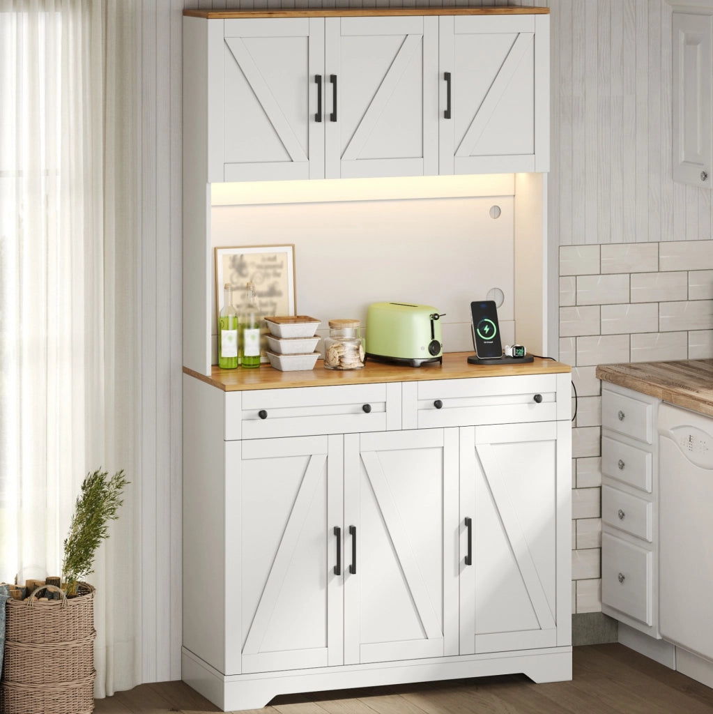 Mobile da cucina 100x40x180 cm con LED RGB; prese USB e 2 cassetti in MDF naturale e bianco