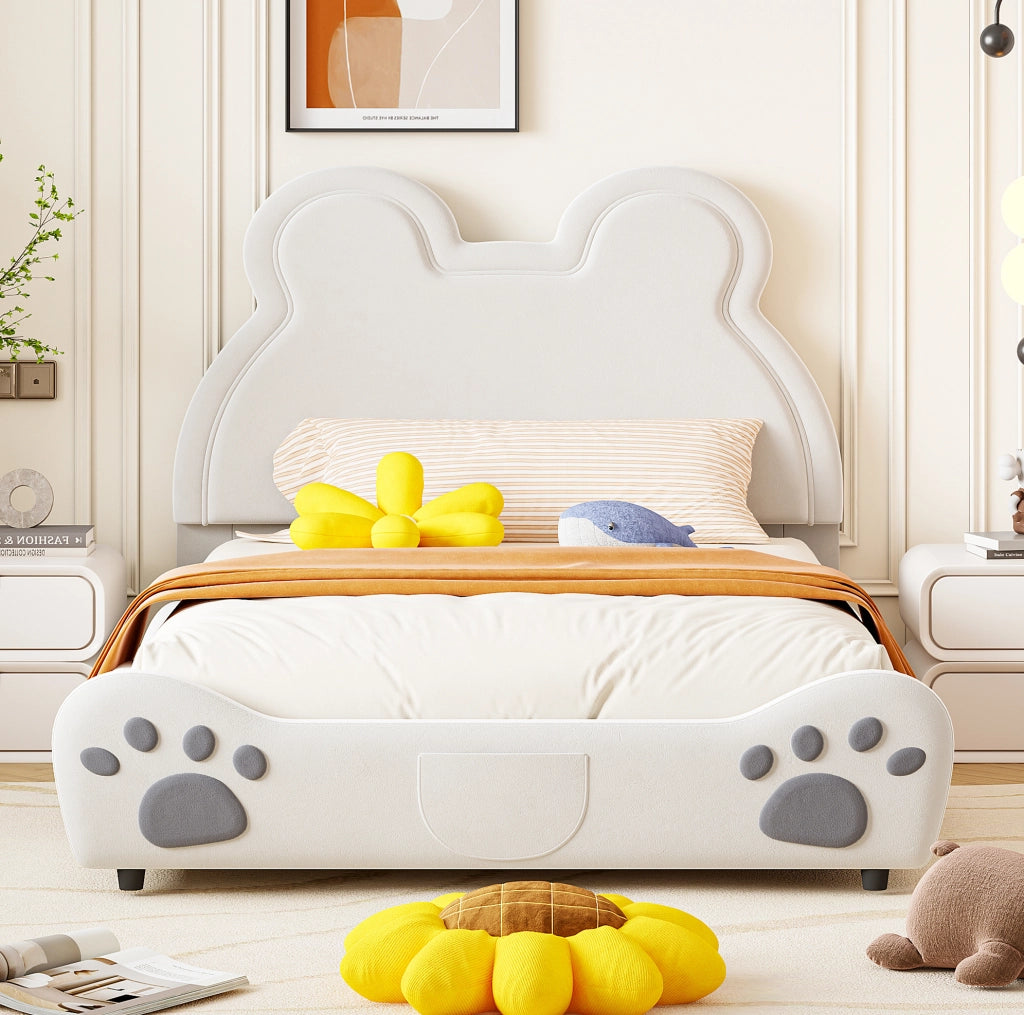 Letto bambini a forma di orso imbottito 140x200 cm in velluto bianco
