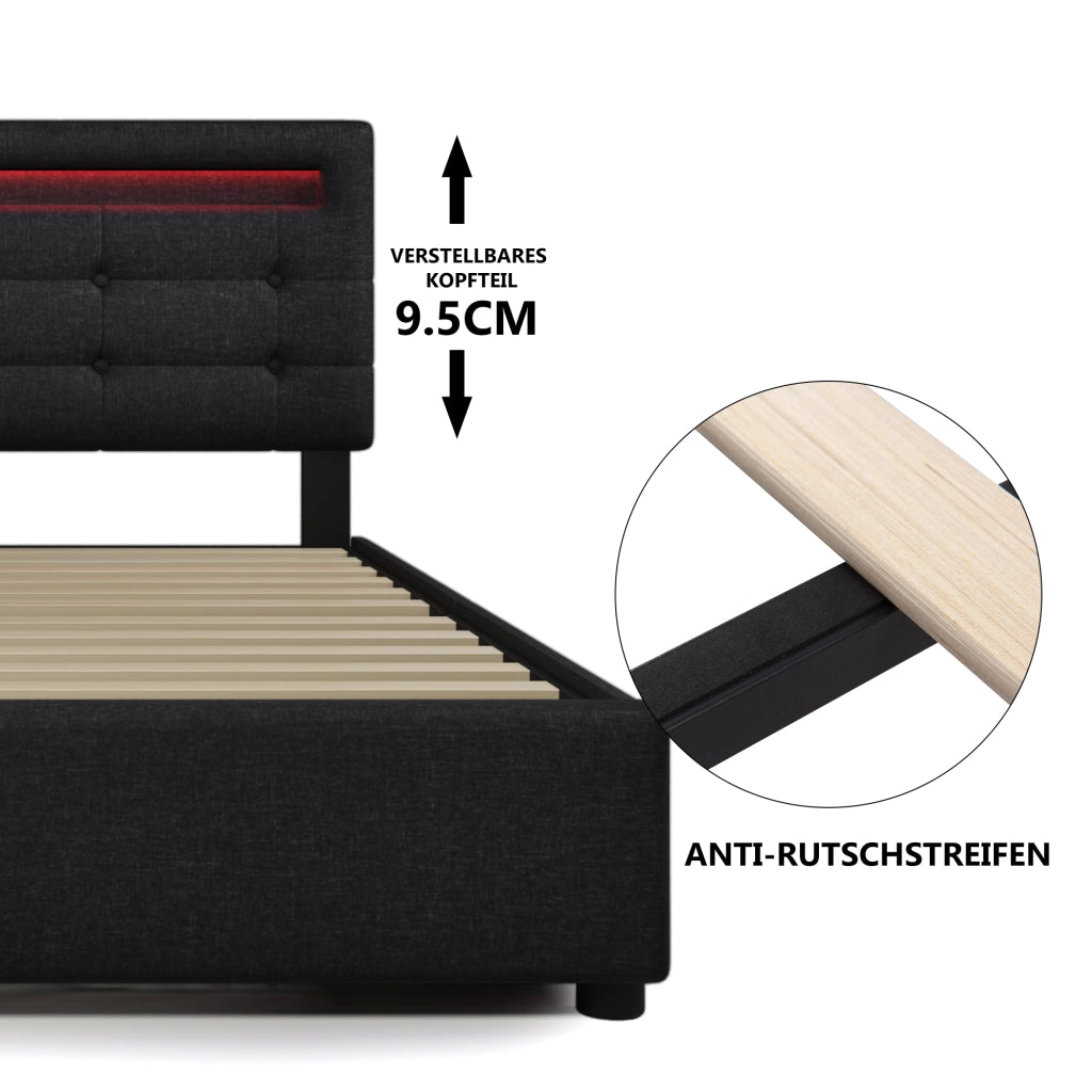 OKWISH Letto con Cassetti 140×200 cm, Letto Matrimoniale con LED Regolabile, 4 Cassetti e Testiera Regolabile, senza Materasso, Nero