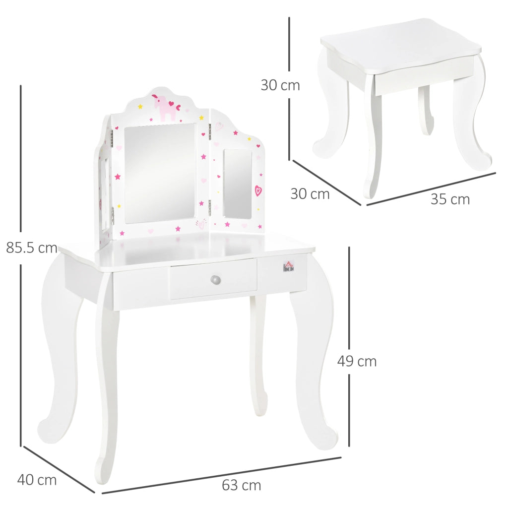 EasyComfort Toeletta per Bambini con Sgabello, Tavolo Trucco con Triplo Specchio e Cassetto, 63x40x85.5cm, Bianco