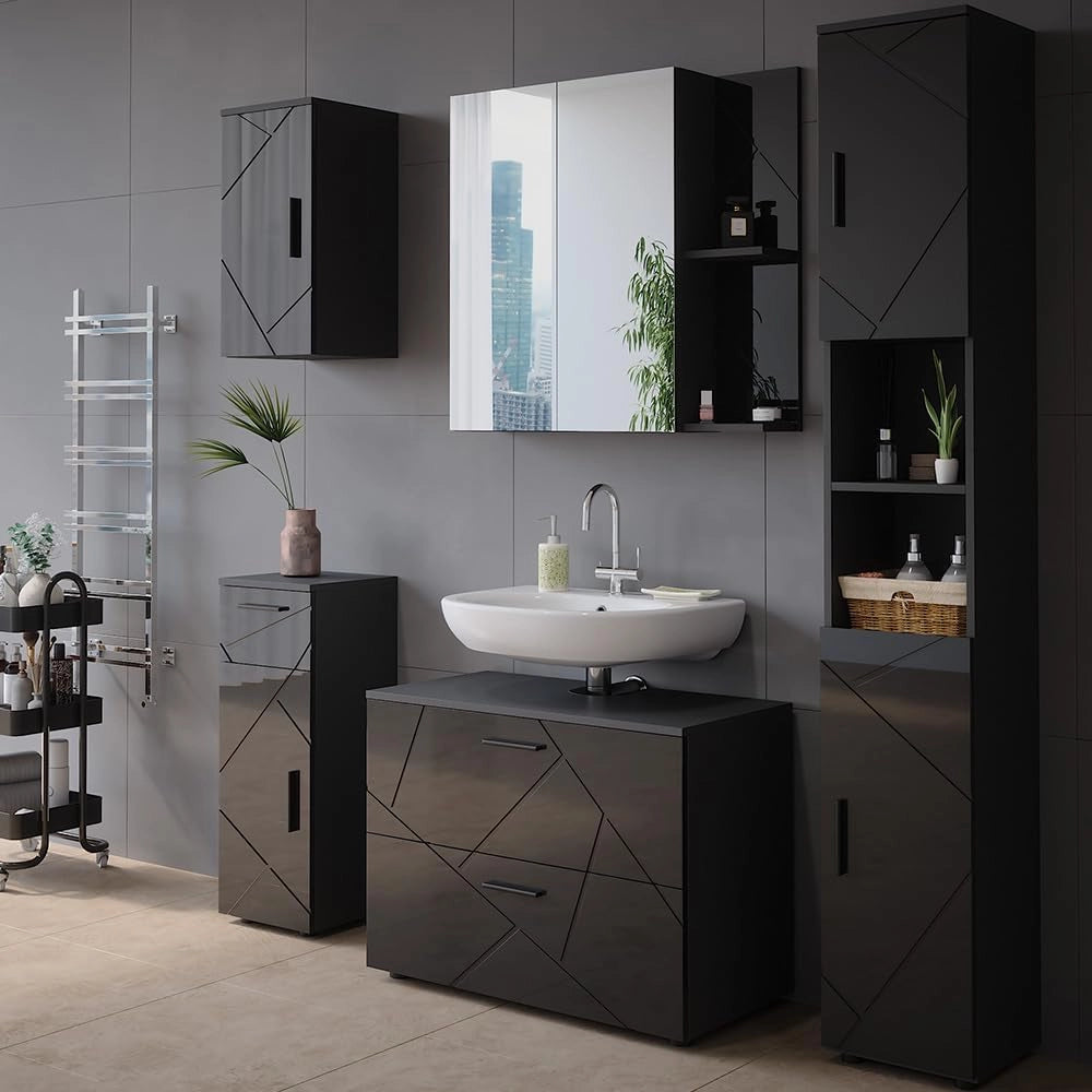 Mobile a specchio per il bagno Irma, Antracite lucido, 80 x 75 cm
