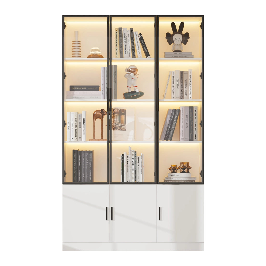 Vetrina con 6 ante in vetro e LED - per soggiorno - 120x32x200 cm - bianco