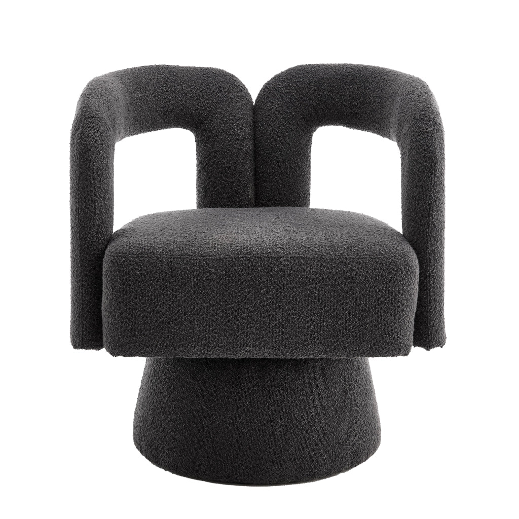 Poltrona girevole 360° in bouclé grigio scuro, con braccioli arrotondati e base in metallo