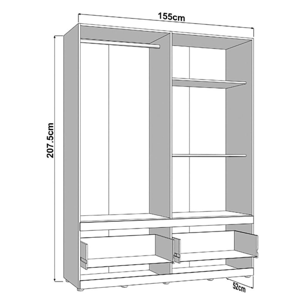 Armadio Camera da Letto Sayul, Guardaroba Grande 2 Cassetti, 155x208h cm Bianco Opaco