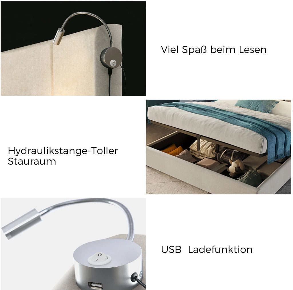 Letto imbottito 140x200 beige con contenitore, luce USB e materasso