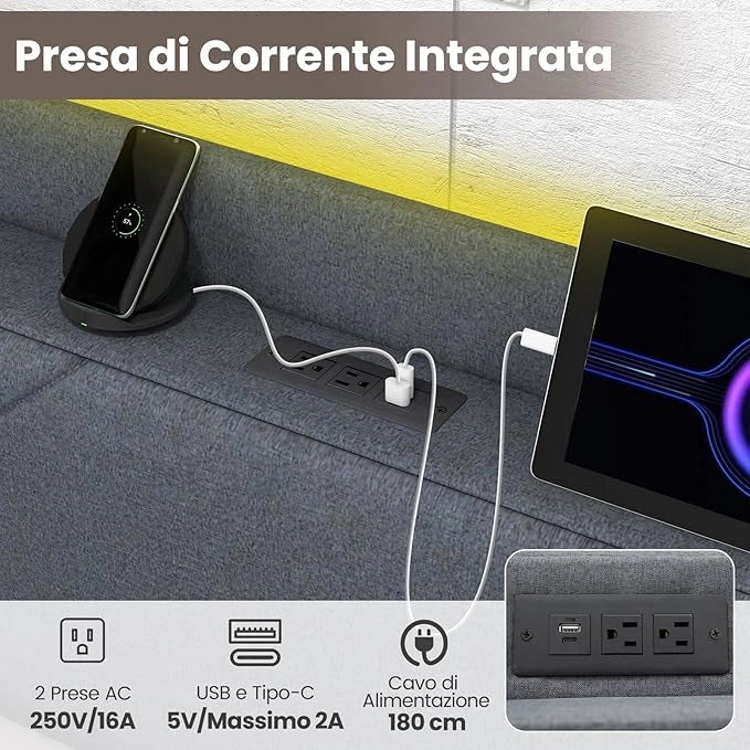 Telaio Letto Matrimoniale con Luci LED Regolabili, Musica, Microfono, Funzione Timer, Stazione di Ricarica, Testiera Imbottita, 4 Cassetti con Route, Carico 500 KG (200 ×160 cm)