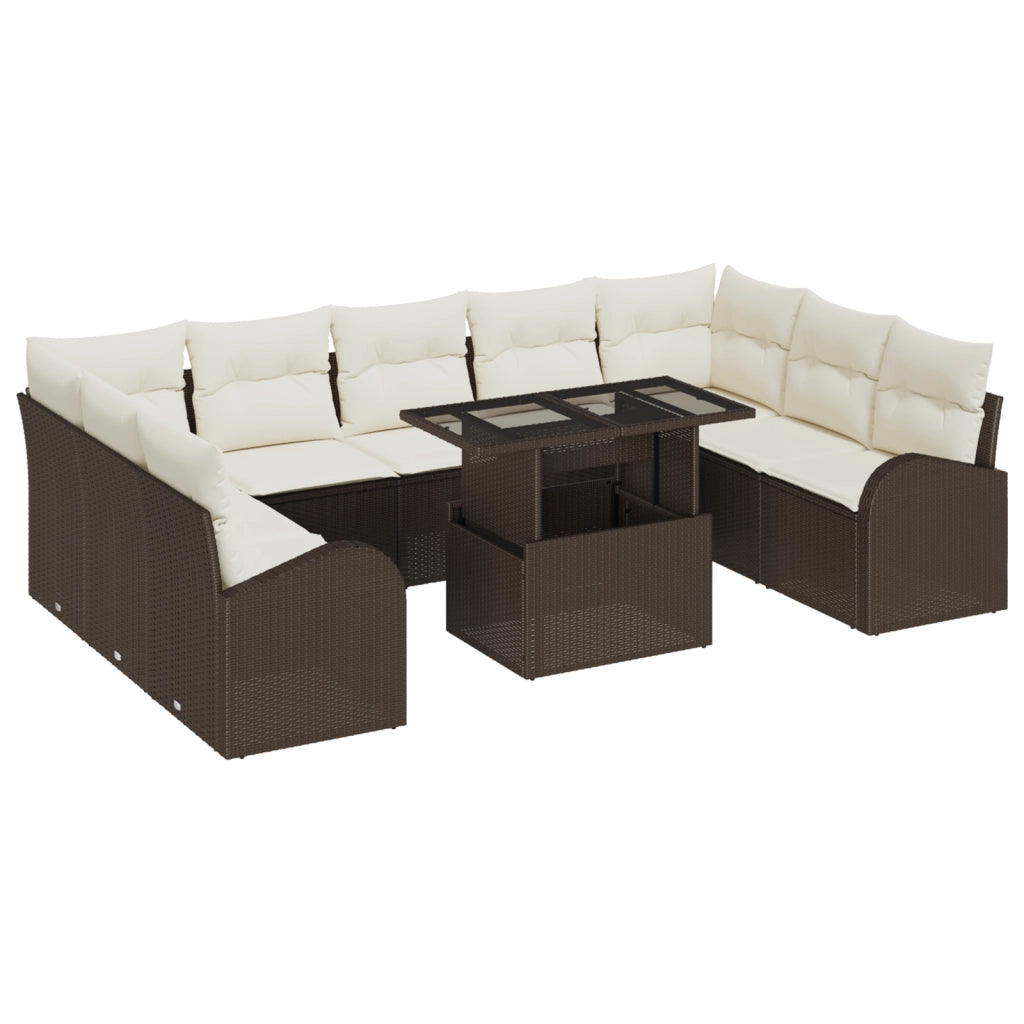 Set di Divani da Giardino in 10 Pezzi con Cuscini Marrone Rattan Sintetico