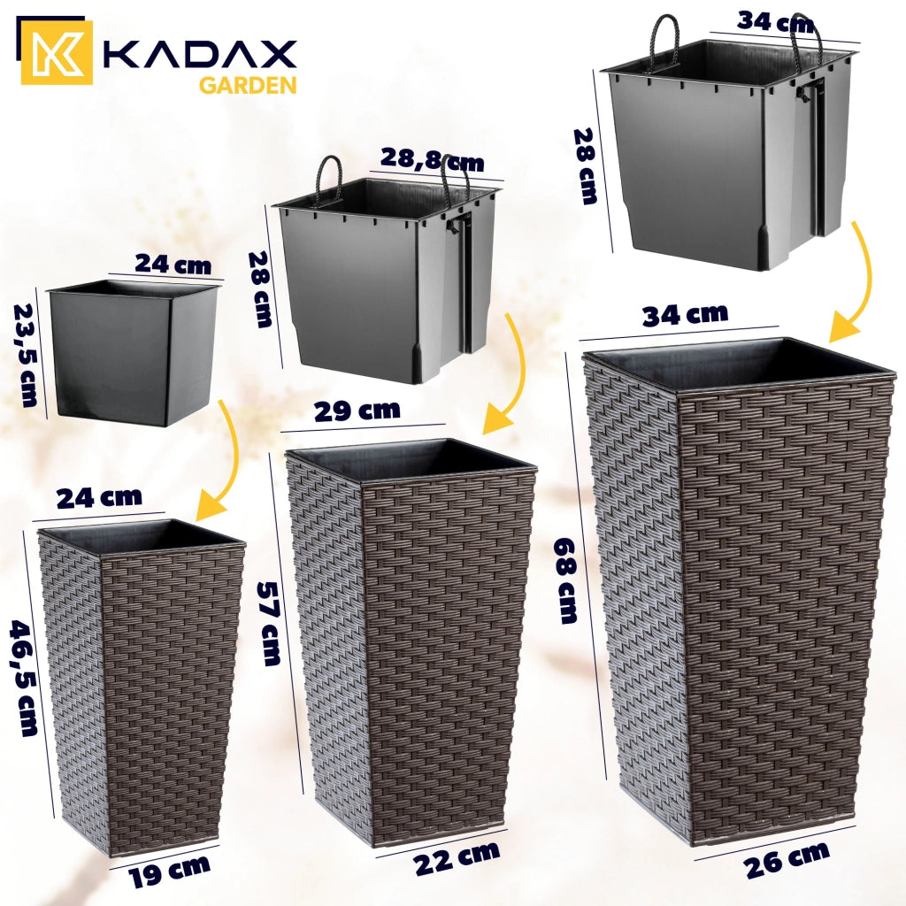 Set di 3 vasi da fiori KADAX, vasi da giardino + inserto, alti e grandi, color moka, 47+57+68 cm