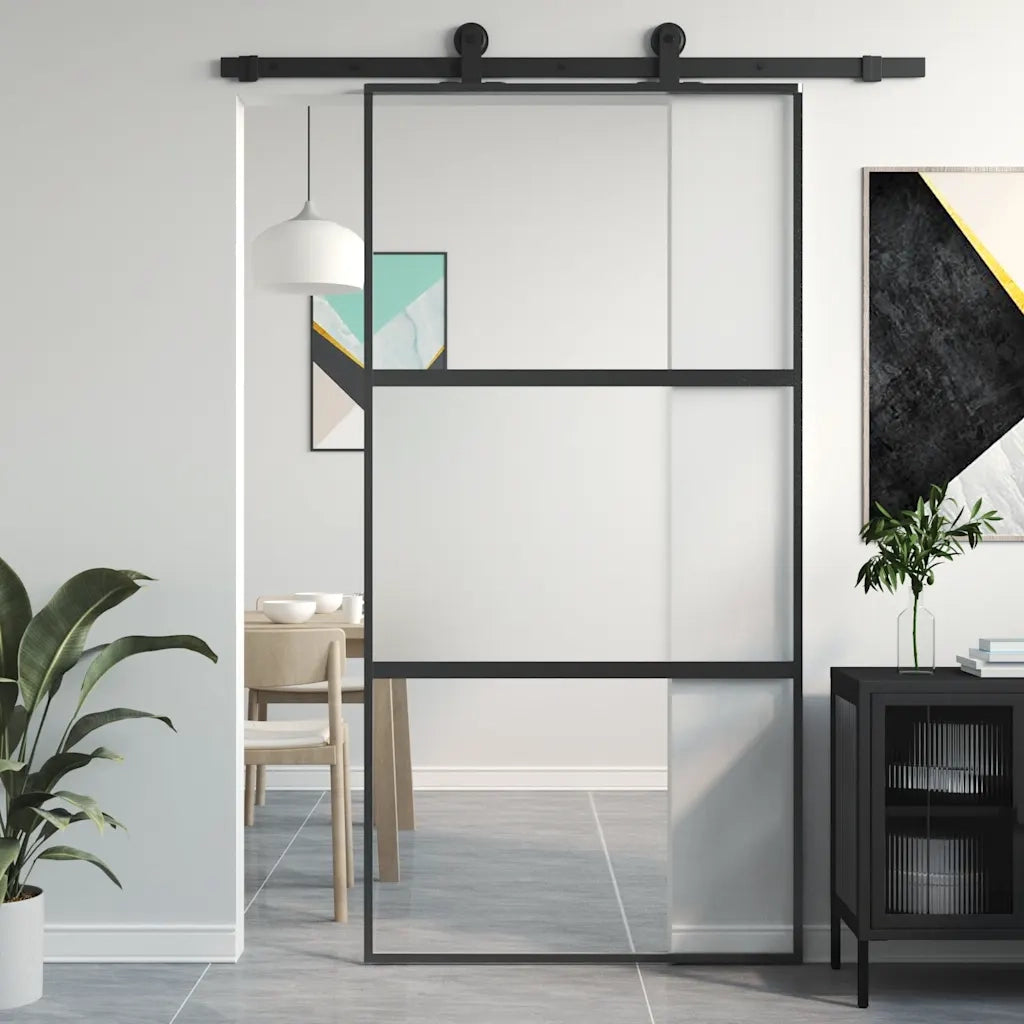 Porta Scorrevole Nera 102,5x205 cm Vetro Temperato e Alluminio 155203