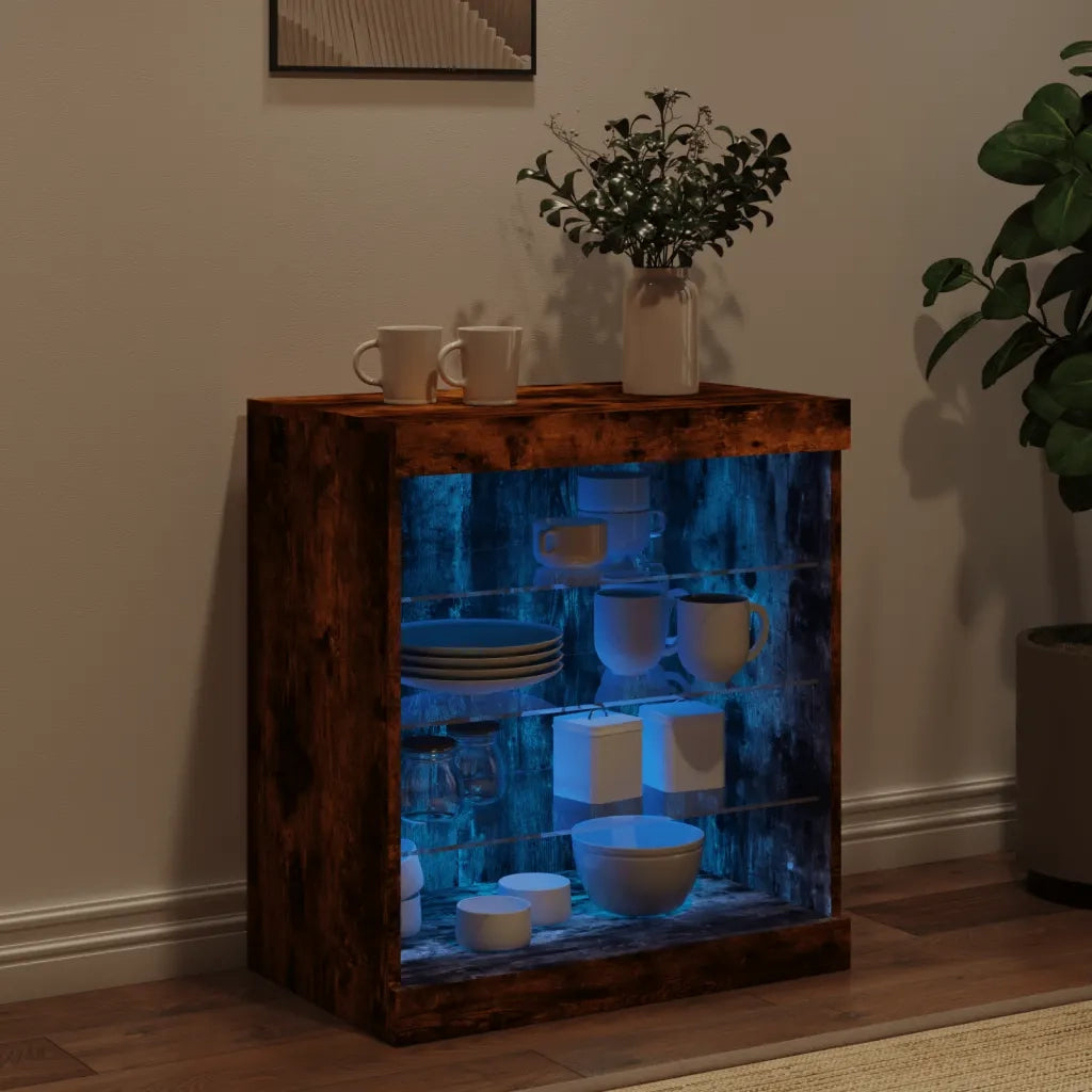 Credenza con Luci LED-Buffet-Armadio da cucina Rovere Fumo 60,5x37x67 cm