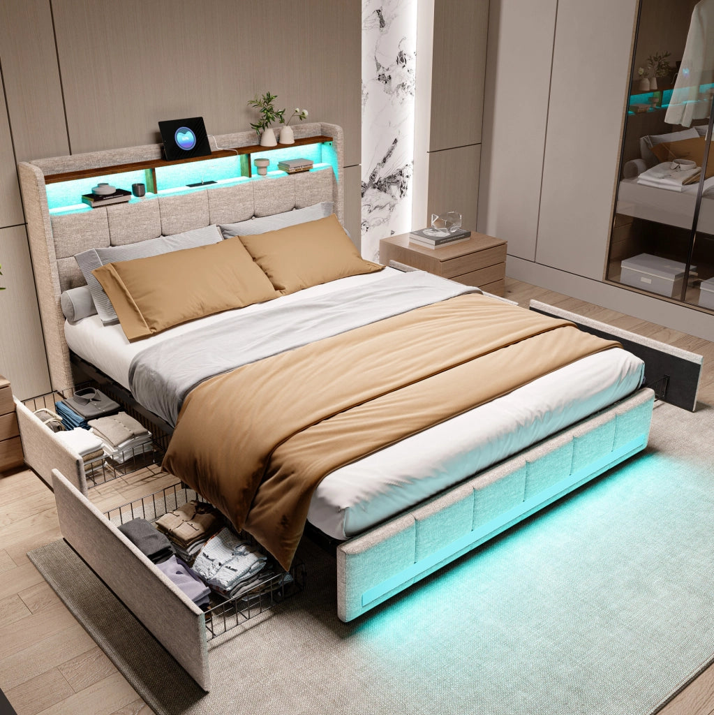 Letto con contenitori estraibili laterali e LED; legno massello e MDF; beige