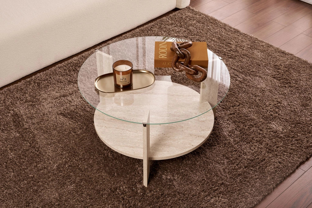 Tavolo basso in legno "Clara" - 75 x 75 x 40 cm - Travertino Trasparente