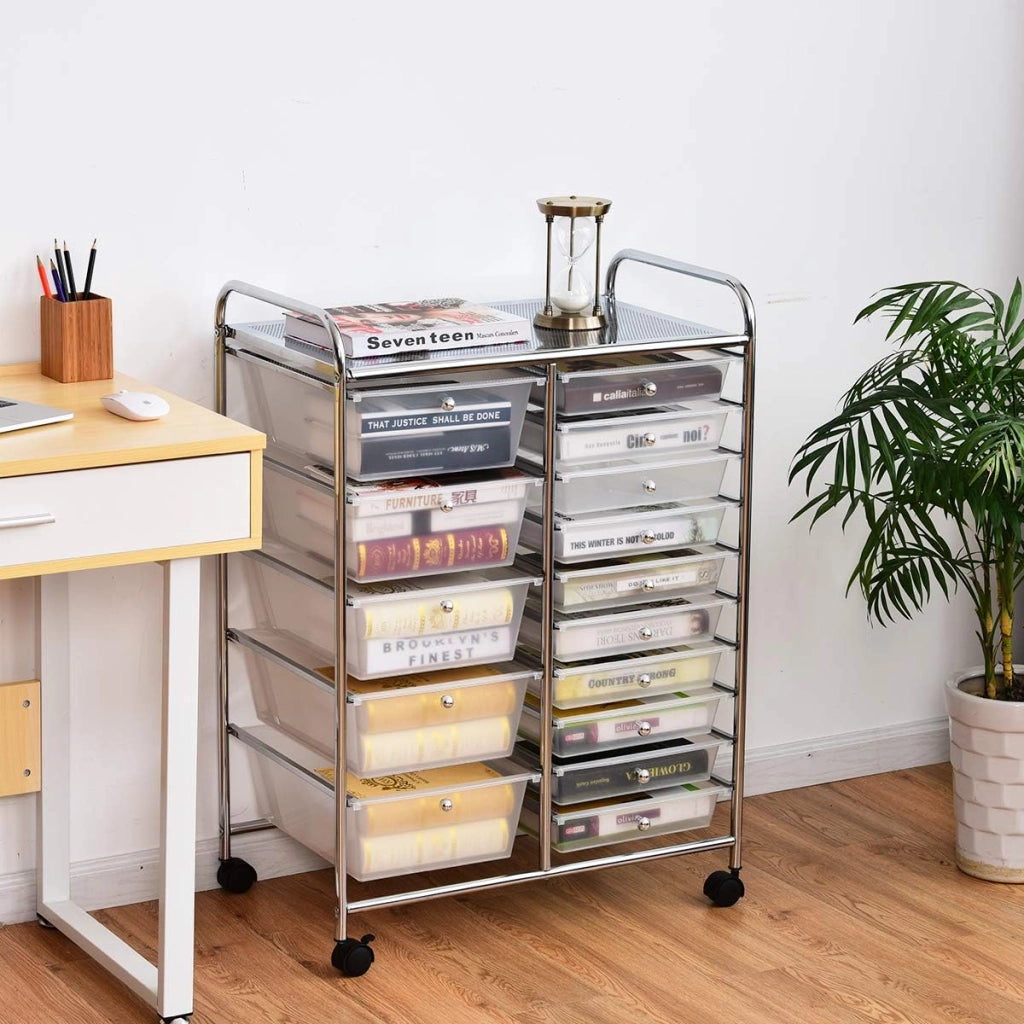 Carrello con 15 Cassetti Impilabili, Carrello di Stoccaggio con Ruote, Carello Portaoggetti per Casa e Ufficio, 62,5 x 37 x 87 cm (Chiara)