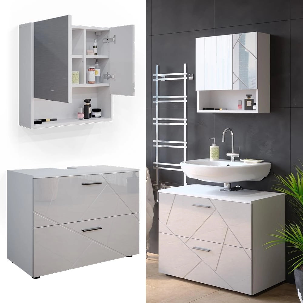 Set mobili bagno Irma, Bianco lucido, 80 cm, composto da specchio da bagno e mobile sottolavabo