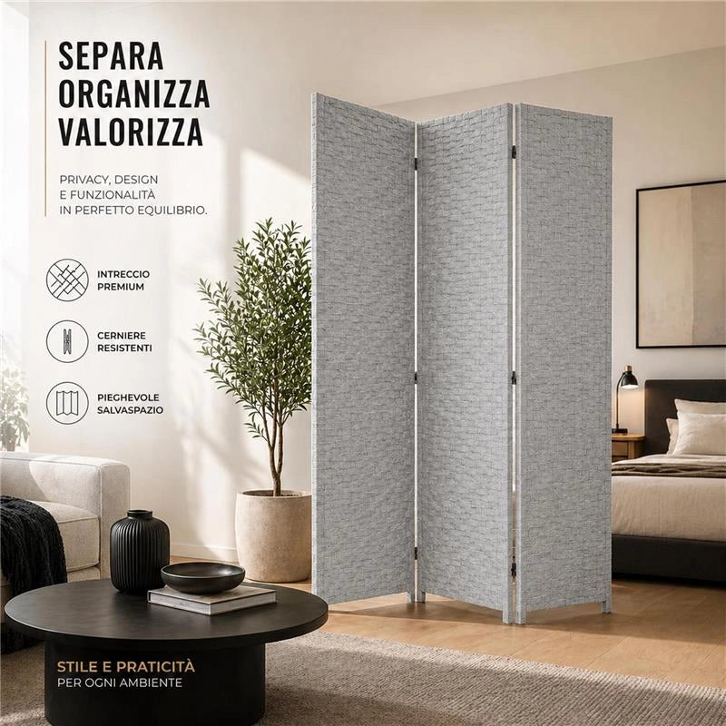 SEPARE' CON TRE PANNELLI IN PLASTICA GRIGIO CON STRUTTURA IN LEGNO MISURE: 180X135CM