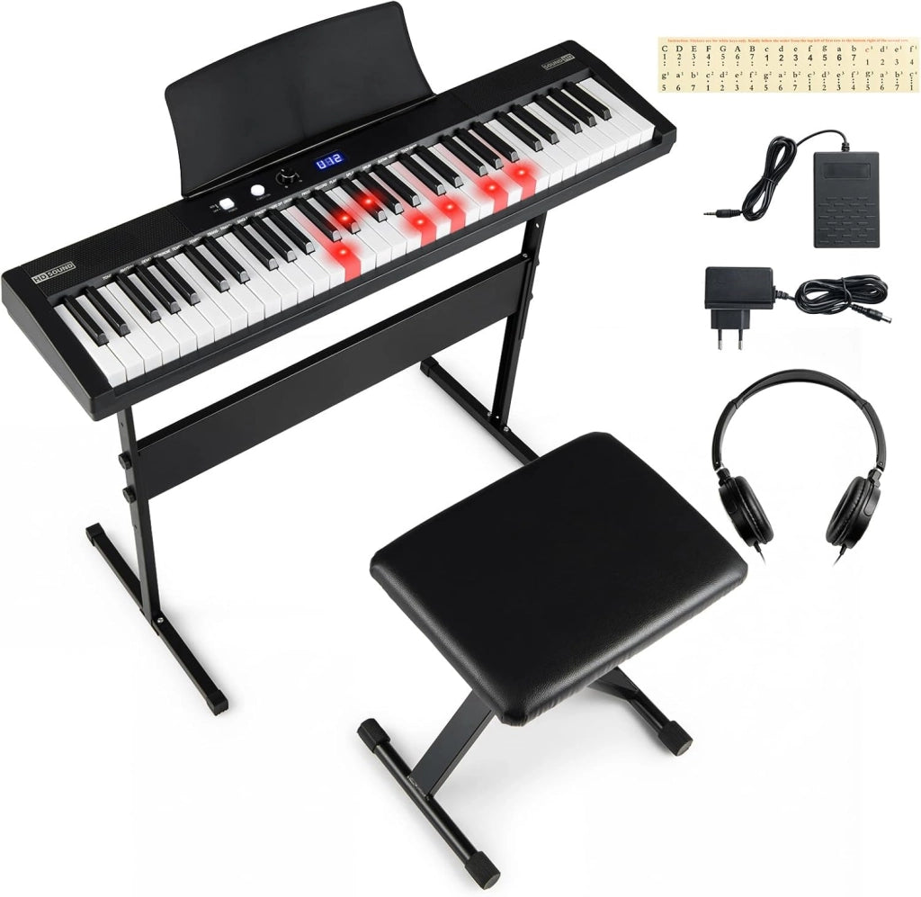 Tastiera Pianoforte a 61 Tasti, Set Pianoforte Elettrica con Supporto e Sgabello Regolabili, 128 Ritmi & 128 Toni e 80 Demo, Strumento Musicale per Bambini, Adolescenti e Adulti