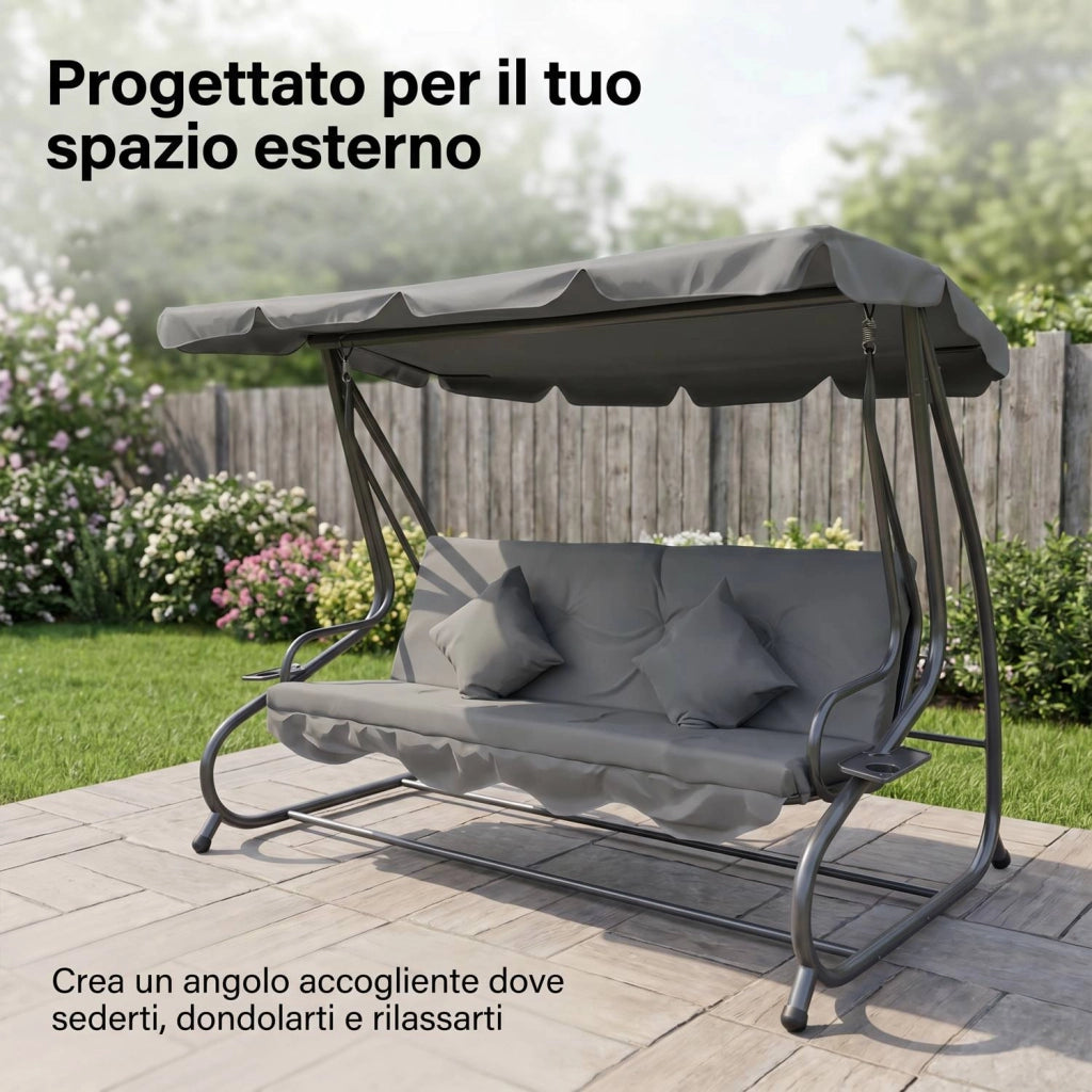 Marvin Harmony Dondolo Letto da Giardino 4 Posti con Tetto Parasole Struttura in Acciaio e Cuscino Imbottito 10 cm Altal