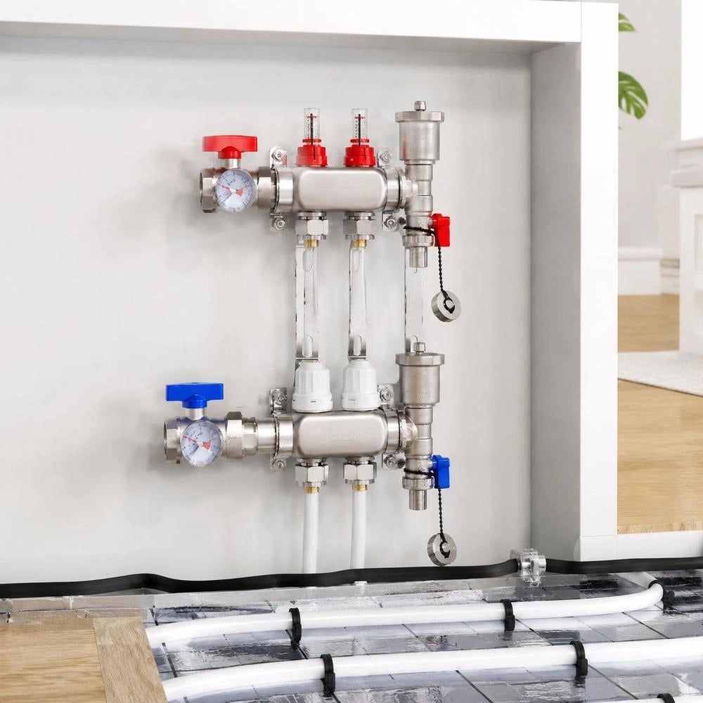 2-branch Heat Distribution Manifold, 1/2-inch PEX Pipe Manifold, Stainless Steel PEX Manifold For Hydronic Underfloor Heating, Heat Distribution PEX Manifold Set With 1/2-inch Adapters Included In The Scope Of Delivery