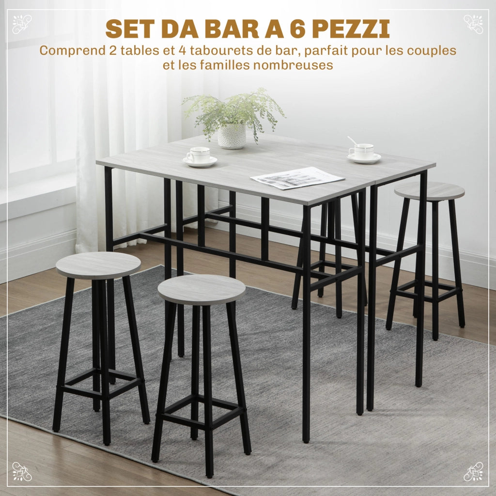 Set da Bar 6 Pezzi con 4 Sgabelli e 2 Tavoli Alti ¨C zephmum ¨C Legno e Acciaio, Grigio