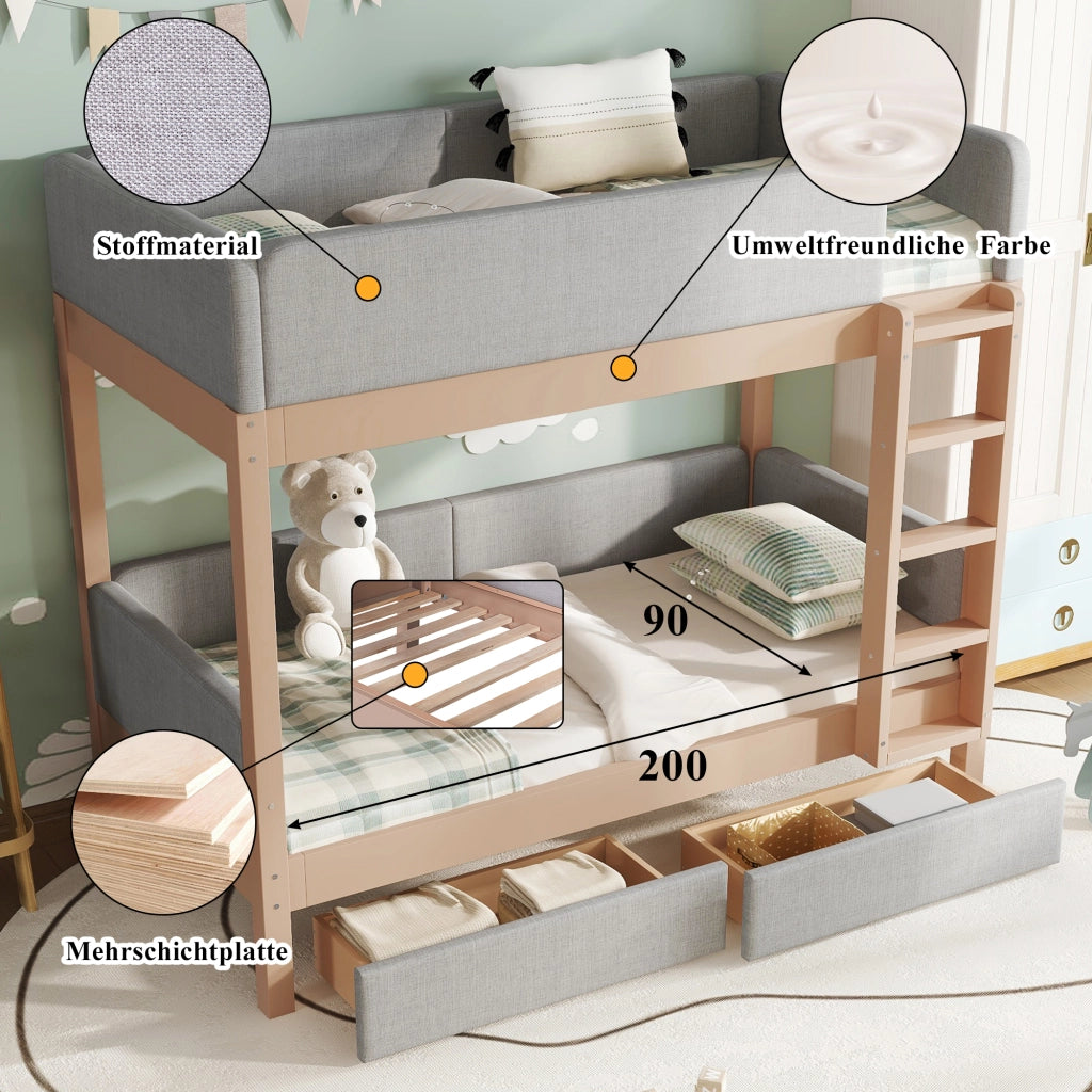 Letto a Castello 90x200 cm - 2 Cassetti; Scala a 4 Gradini e Sponde - Grigio