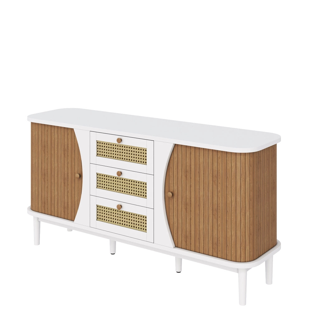 Sideboard bianco con ante effetto legno, cassetti in rattan e ripiani regolabili