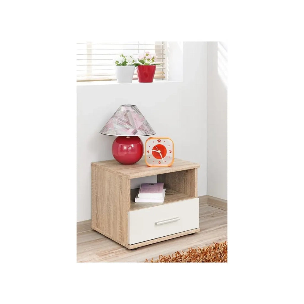 Tavolino da notte DENVER – 1 cassetto + 1 vano – Rovere chiaro e bianco – Stile scandinavo