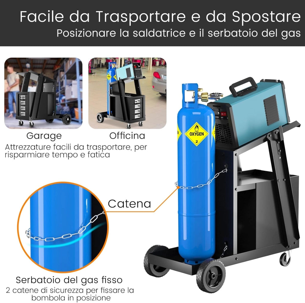 Carrello in Acciaio per Trasporto Saldatrice con Portabombola, Carrello Porta Saldatrice con 4 Cassetti, Nero