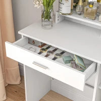 Tavolo per Trucco in Truciolato con Mobiletto, Cassetto, Ripiani Aperti e Specchio, 90x38x138 cm, Bianco