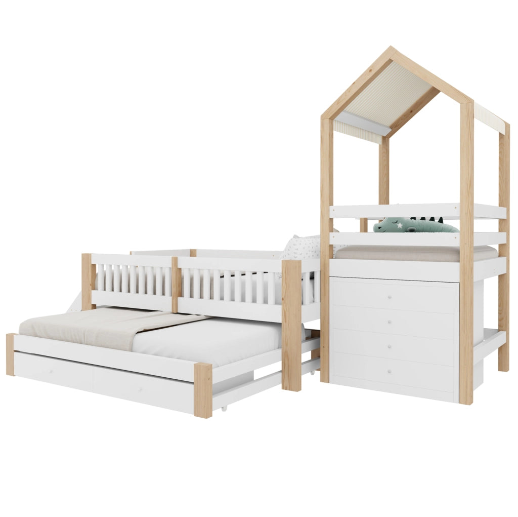 Letto a casetta per bambini con letto estraibile e cassetti