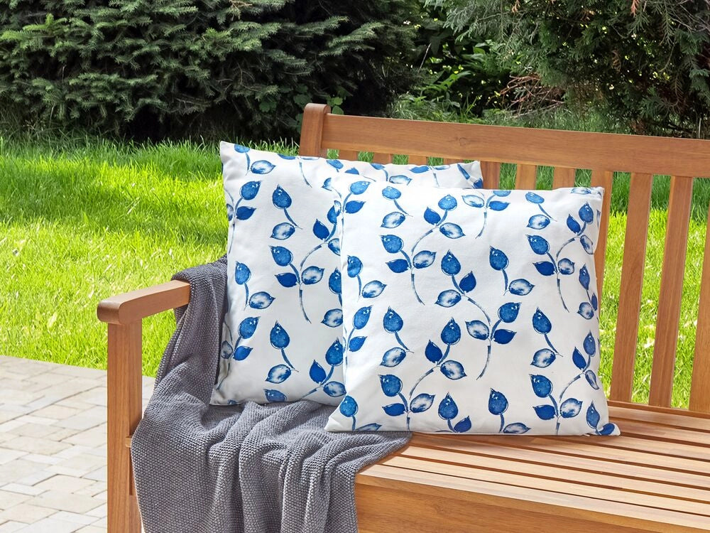 Set di 2 cuscini da giardino con federa in tessuto bianco e blu con motivo con foglie 45 x 45 cm esterno terrazzo fodere impermeabili