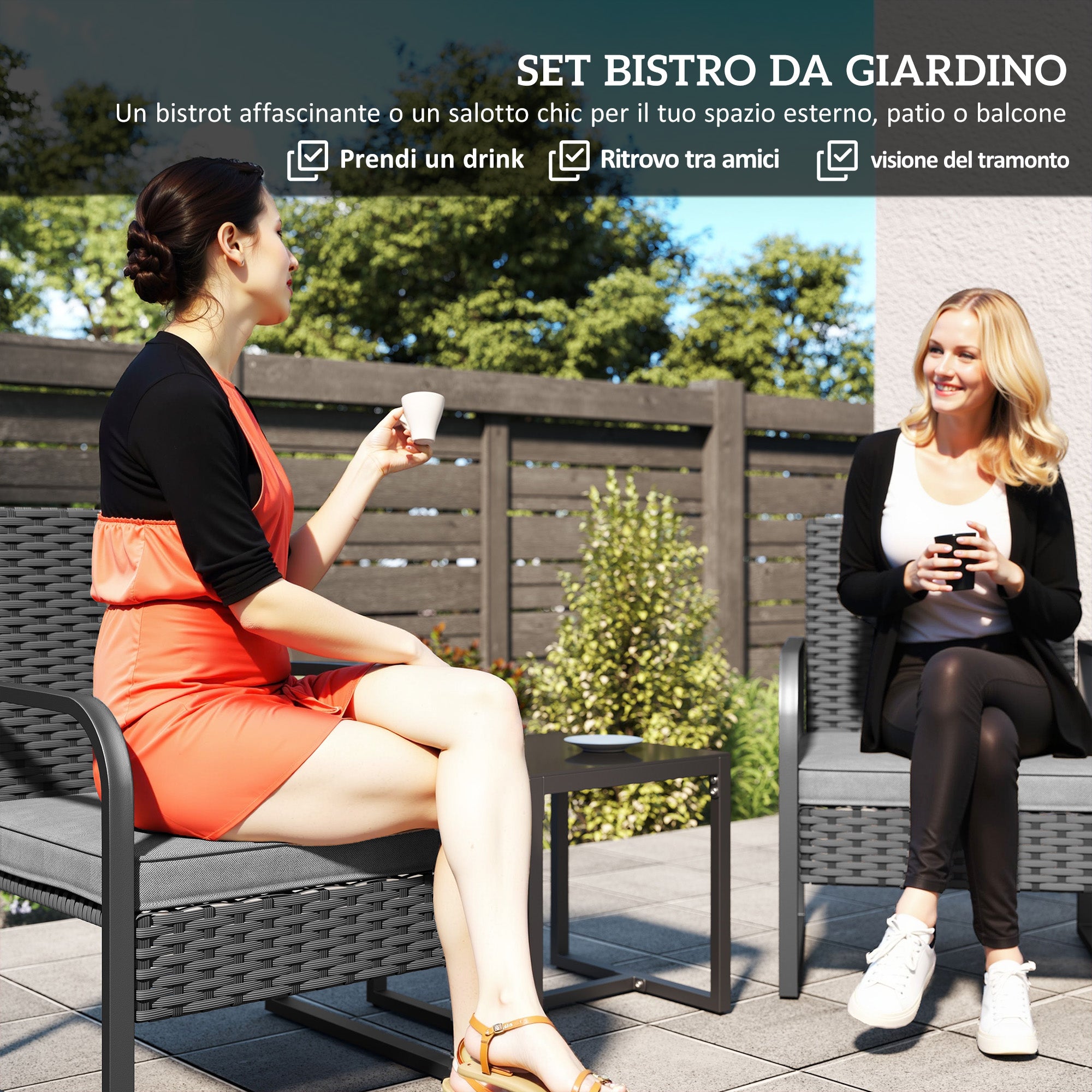Salotto da Giardino con 2 Poltrone da Esterno e Tavolino con Piano in Vetro in Rattan Nero