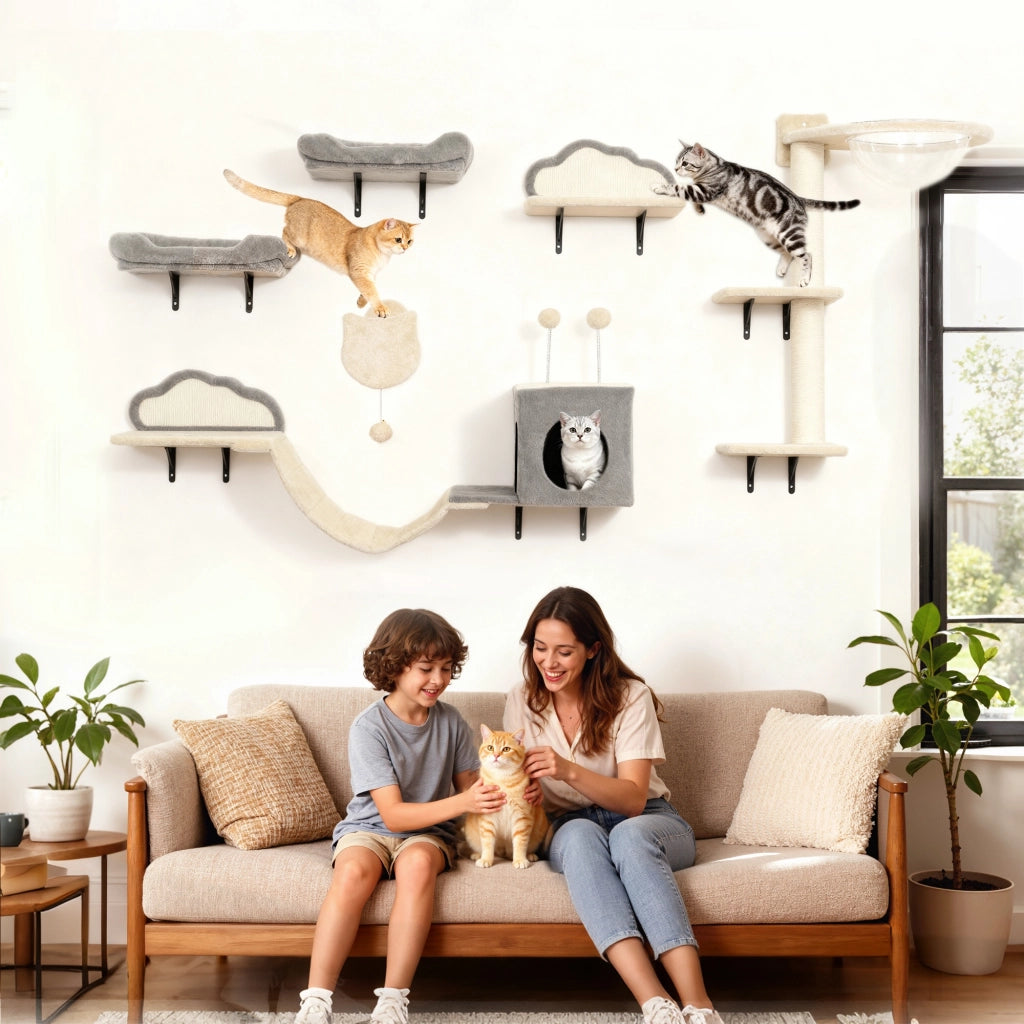 Sistema di scaffalature murali per gatti 6 pezzi con amaca e nicchia ¨C zephmum ¨C beige