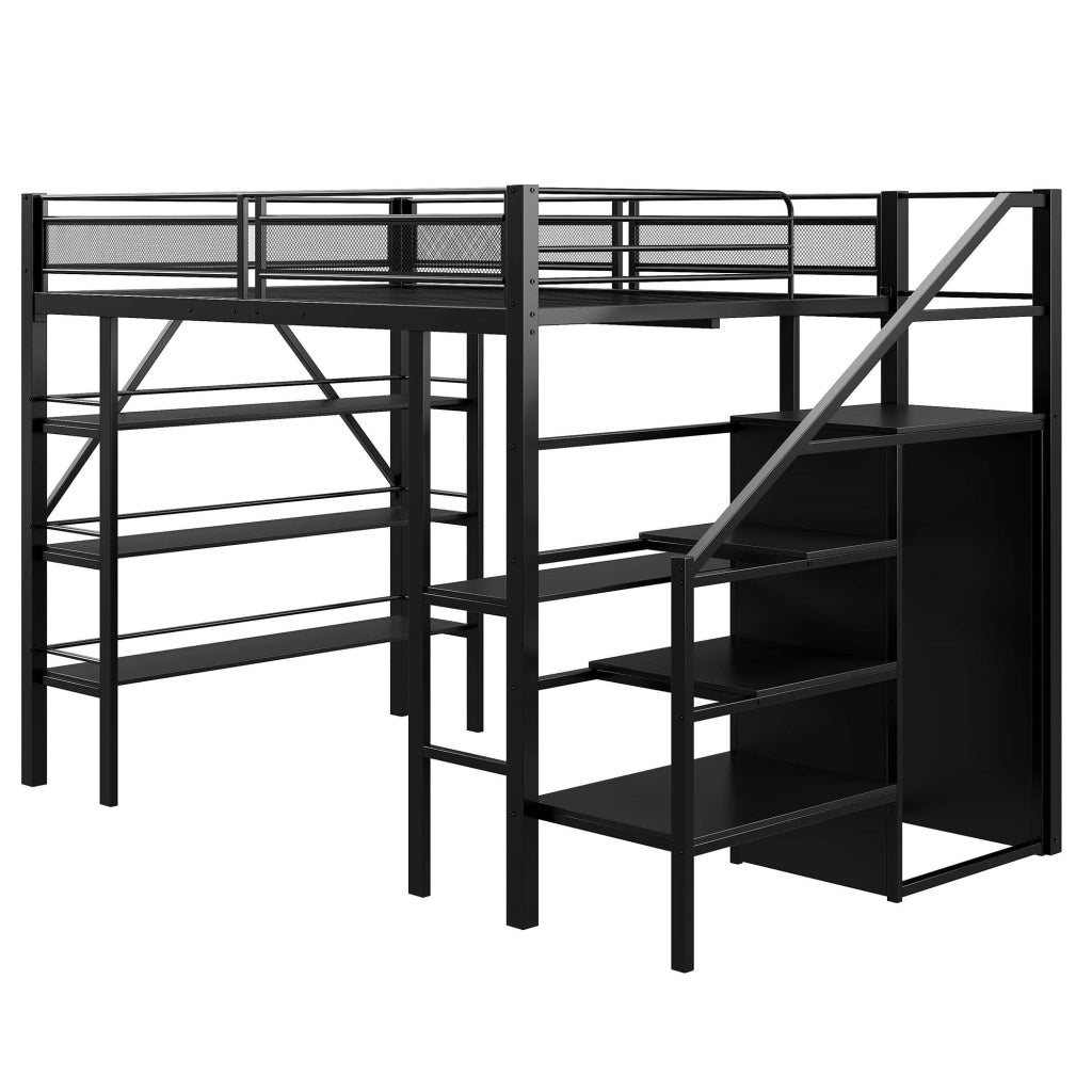 Letto alto in metallo nero con scrivania armadio e scaffali a tre livelli 140x200 cm