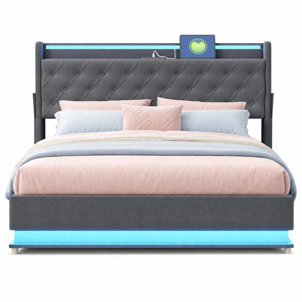 Letto imbottito LED 160x200 cm grigio con porta USB e contenitore idraulico