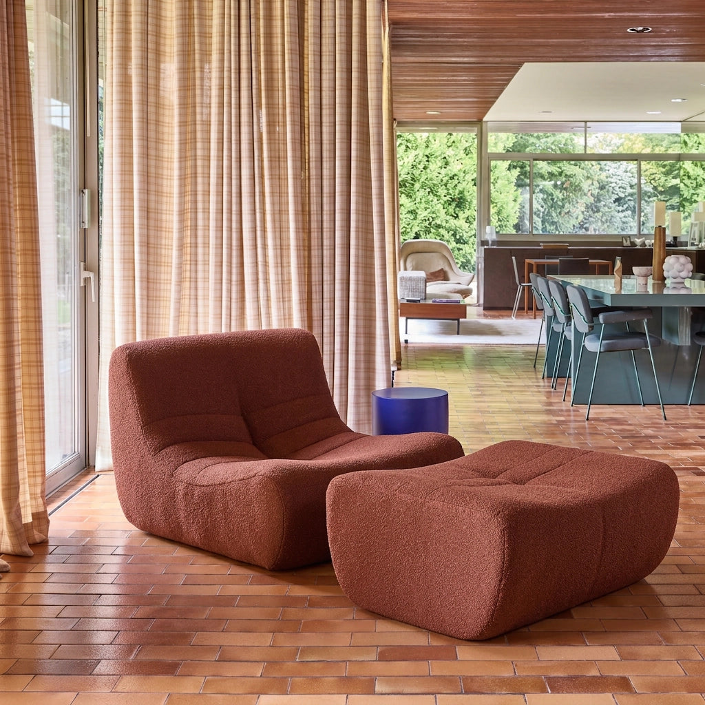 Poltrona bouclé testurizzata con poggiapiedi, 1 posto, terracotta