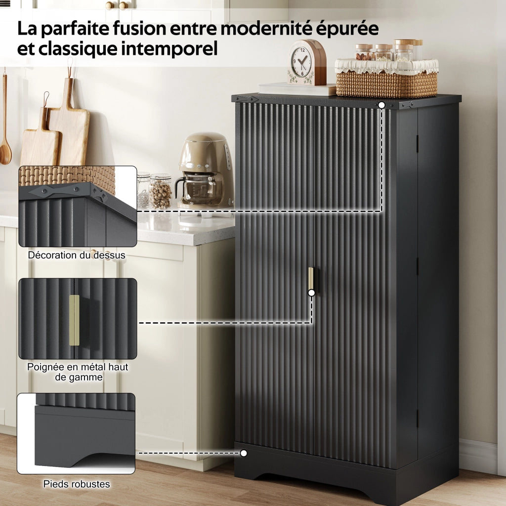 Dispensa alta con LED e ripiani regolabili con 2 ante e vani per cucina e soggiorno in MDF nero 120 × 60,5 × 40 cm