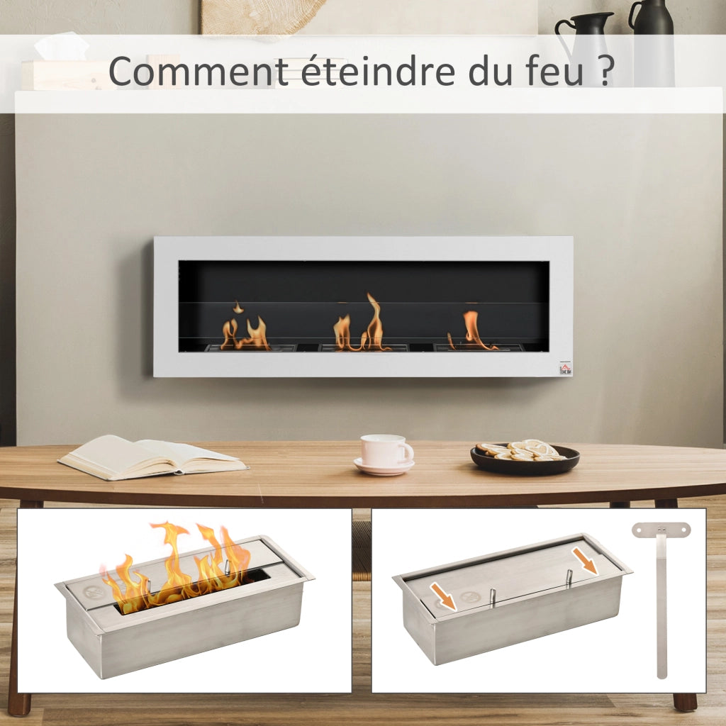 Caminetto a bioetanolo murale 3 bruciatori ¨C zephmum ¨C acciaio inox bianco 120x15x40 cm