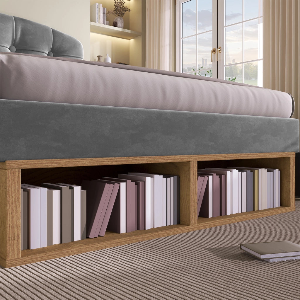 Letto con Cassetti 90 x 200 cm; Testiera Regolabile e Vani Aperti in Velluto - Grigio