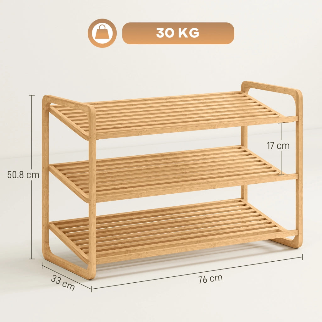 Scaffale Scarpiera a 3 Livelli per 12 Paia di Scarpe 76x33x50,8 cm con Ripiani a Doghe in Bambù