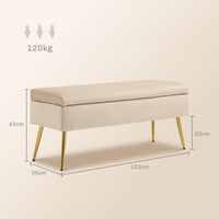 Panca Fondo Letto Imbottita da 30,5L 102x35x43 cm in Tessuto Effetto Velluto Beige