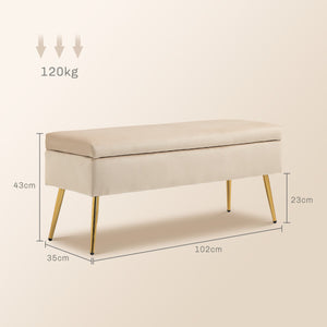 Panca Fondo Letto Imbottita da 30,5L 102x35x43 cm in Tessuto Effetto Velluto Beige