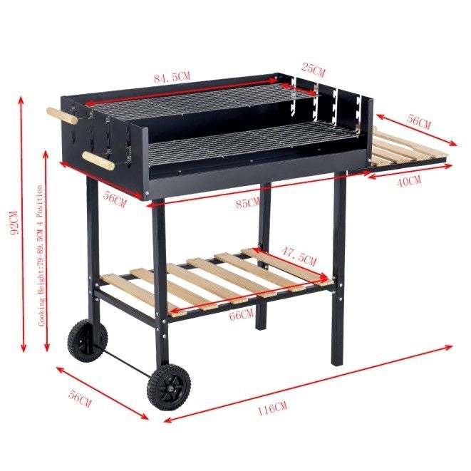 BARBECUE A CARBONE IN METALLO DOPPIA GRIGLIA INOX CON RIPIANO E RUOTE 118X56 CM