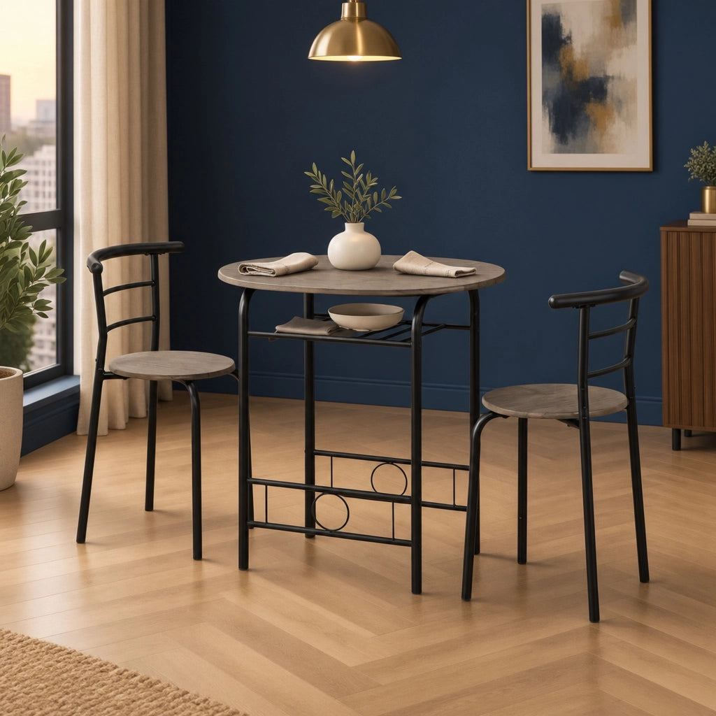 Set bistrot nero con tavolo e 2 sedie, ripiano inferiore