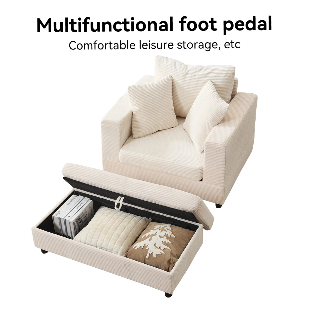 Chaise longue con contenitore e cuscini in tessuto a coste beige in metallo e legno 107 × 74 × 57 cm