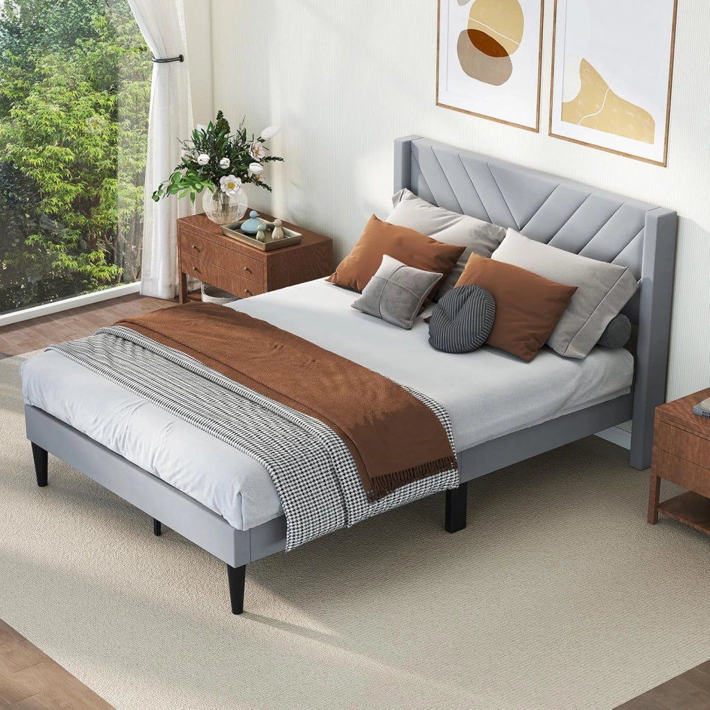 Telaio per letto da 140 x 200 cm, con testiera tappezzata, rete a doghe con gambe di sostegno, portata 250 kg, struttura per letto per camera da letto, grigio (stile 2)