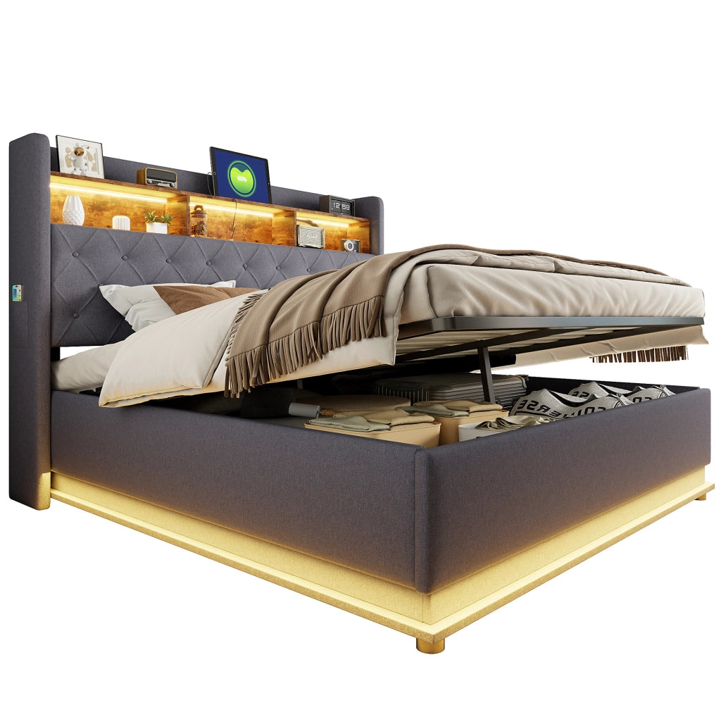 Letto matrimoniale imbottito 180x200 cm con LED; USB e contenitore idraulico; grigio