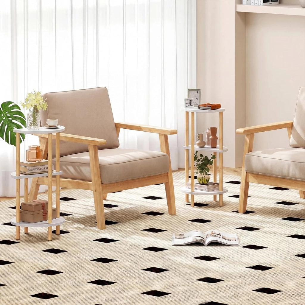 Set di 2 Tavolini da Salotto, Tavolino Laterali Circolari a 3 Ripiani con Struttura in Bamboo, Tavolino Basso da Divano e Letto per Soggiorno e Camera da Letto