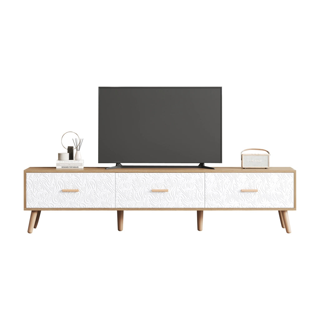 Mobile TV basso vintage 150 x 39 x 35 cm con 3 cassetti; bianco e legno chiaro