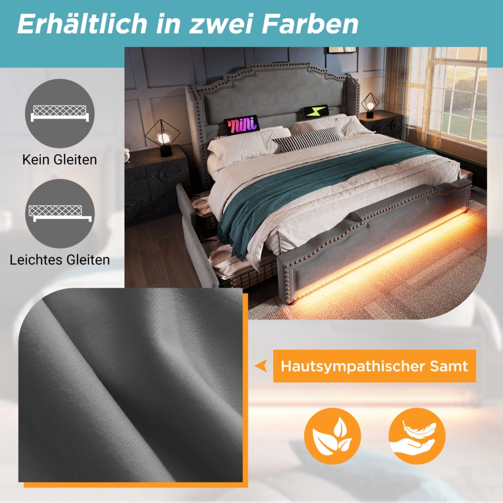 Letto matrimoniale 140x200 cm in velluto grigio con 4 cassetti; LED e porte USB-Type C