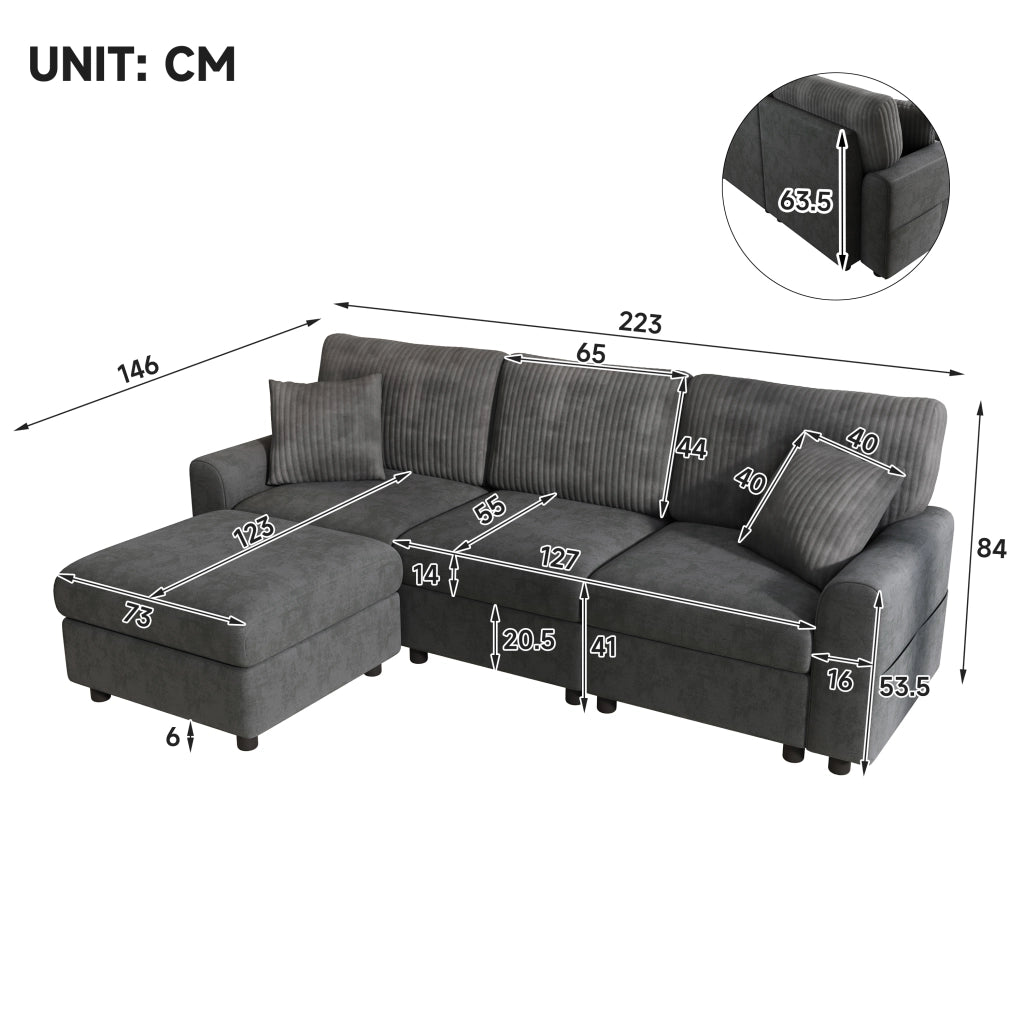 Divano Convertibile con 1 Porta USB, 1 Porta Type-C, Pouf, 2 Cuscini, in Chenille e Velluto a Coste, Grigio